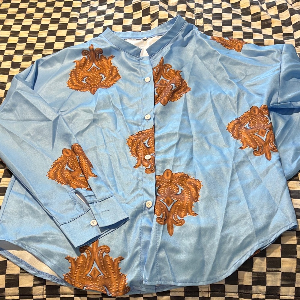 Elegant Blue and Brown Women's Blouse